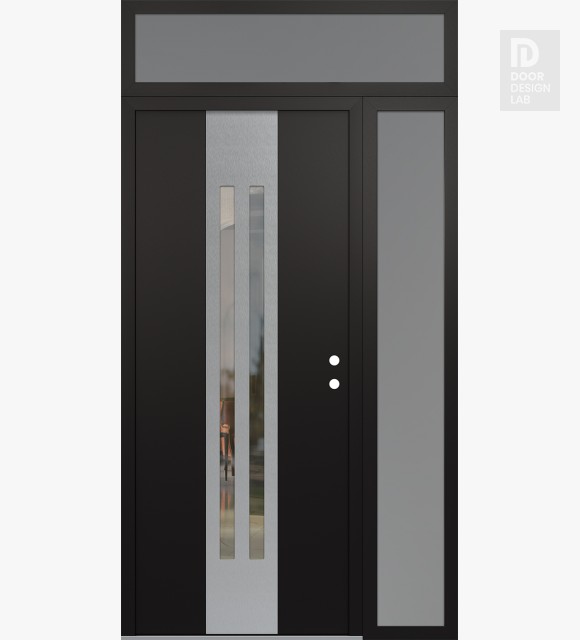 Modern Steel Front Door DIAMOND A8 50" X 96" BLACK/BLACK CLEAR GLASS PANEL STAINLESS STEEL LHI WITH SIDELITE AND TRANSOM FROSTED GLASS