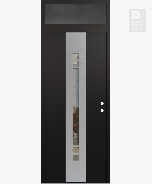 Modern Steel Front Door DIAMOND A4 36" X 96" BLACK/BLACK CLEAR GLASS PANEL STAINLESS STEEL LHI WITH TRANSOM MIRRORED GLASS