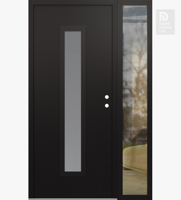 Modern Steel Front Door DIAMOND A11 52" X 80" BLACK/WHITE FROSTED GLASS PANEL BLACK LHI WITH SIDELITE CLEAR GLASS
