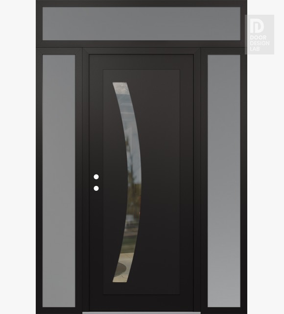 Modern Steel Front Door Diamond C4 64" x 96" black/black clear Glass Panel black RHI with 2 Sidelites and Transom frosted Glass