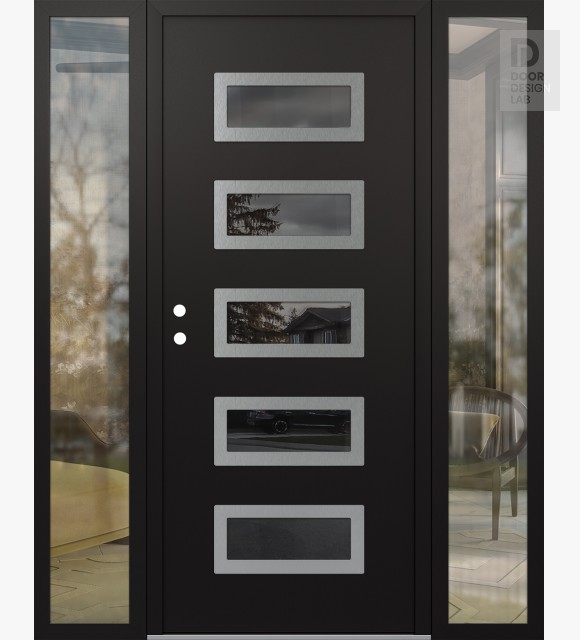 Modern Steel Front Door Diamond D1 64" x 80" black/black mirrored Glass Panel stainless steel RHI with 2 Sidelites clear Glass