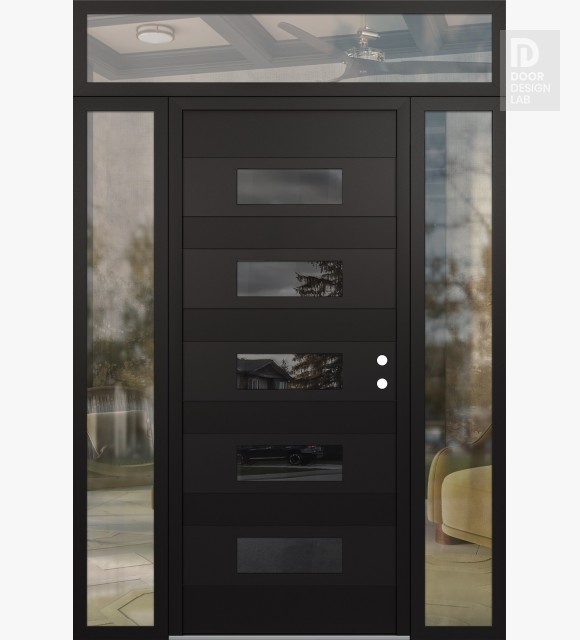 Modern Steel Front Door Diamond D5 64" x 96" black/black mirrored Glass Panel black LHI with 2 Sidelites and Transom clear Glass