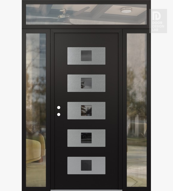 Modern Steel Front Door Diamond D8 60" x 96" black/black mirrored Glass Panel stainless steel RHI with 2 Sidelites and Transom clear Glass