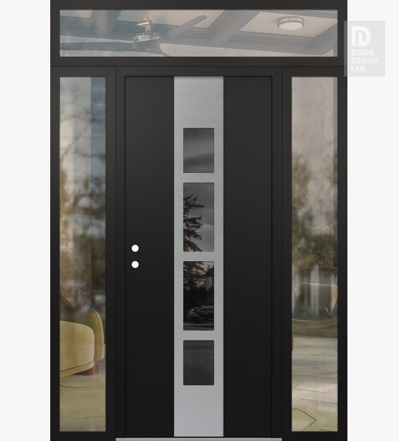 Modern Steel Front Door DIAMOND A10 60" X 96" BLACK/BLACK MIRRORED GLASS PANEL STAINLESS STEEL RHI WITH 2 SIDELITES AND TRANSOM CLEAR GLASS