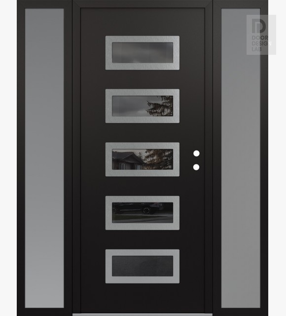 Modern Steel Front Door Diamond D1 68" x 80" black/black mirrored Glass Panel stainless steel LHI with 2 Sidelites frosted Glass