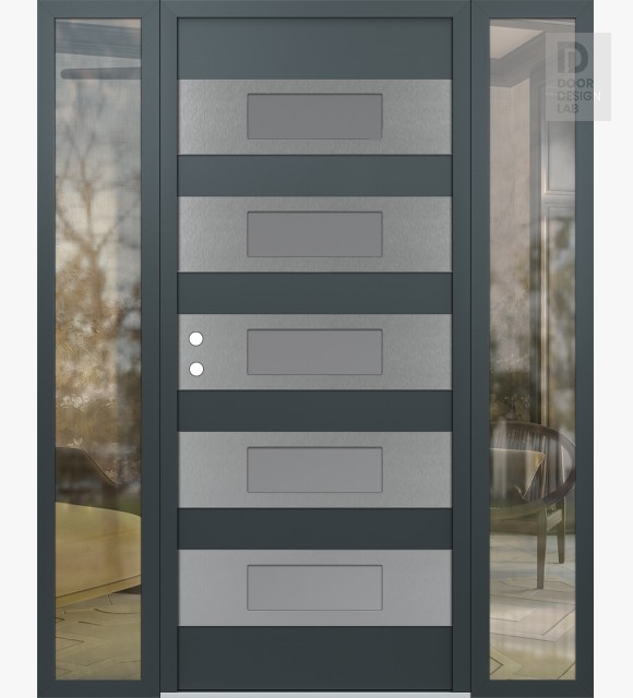 Modern Steel Front Door Diamond D5 68" x 80" anthracite/anthracite frosted Glass Panel stainless steel RHI with 2 Sidelites clear Glass