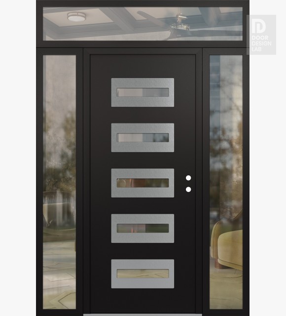 Modern Steel Front Door Diamond D4 64" x 96" black/black clear Glass Panel stainless steel LHI with 2 Sidelites and Transom clear Glass