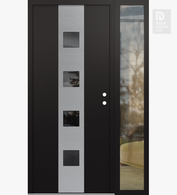 Modern Steel Front Door DIAMOND A12 48" X 80" BLACK/BLACK MIRRORED GLASS PANEL STAINLESS STEEL LHI WITH SIDELITE CLEAR GLASS