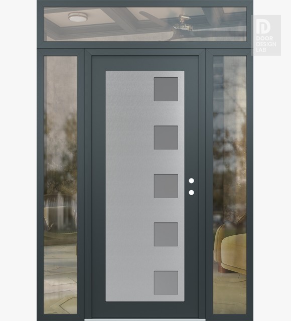 Modern Steel Front Door Diamond C5 64" x 96" anthracite/anthracite frosted Glass Panel stainless steel LHI with 2 Sidelites and Transom clear Glass