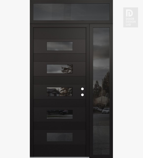 Modern Steel Front Door Diamond D5 52" x 96" black/black mirrored Glass Panel black LHI with Sidelite and Transom mirrored Glass