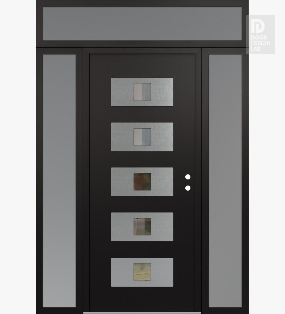 Modern Steel Front Door Diamond D8 60" x 96" black/black clear Glass Panel stainless steel LHI with 2 Sidelites and Transom frosted Glass