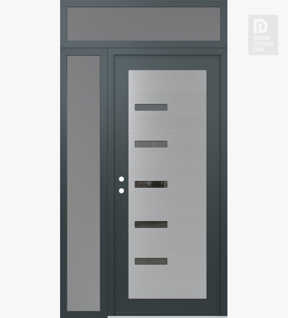 Modern Steel Front Door Diamond C8 52" x 96" anthracite/anthracite mirrored Glass Panel stainless steel RHI with Sidelite and Transom frosted Glass
