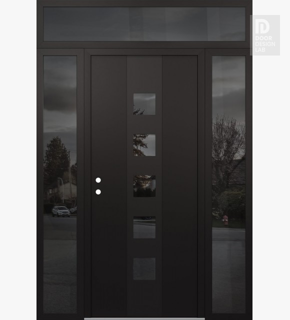 Modern Steel Front Door DIAMOND A13 60" X 96" BLACK/BLACK MIRRORED GLASS PANEL BLACK RHI WITH 2 SIDELITES AND TRANSOM MIRRORED GLASS