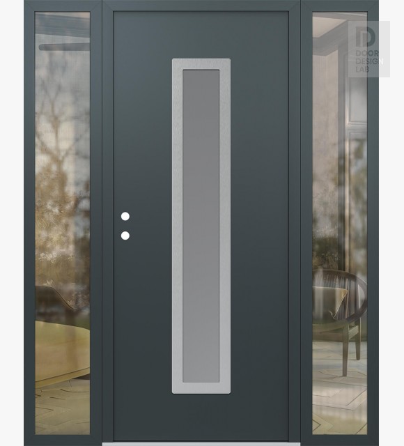 Modern Steel Front Door DIAMOND A11 64" X 80" ANTHRACITE/ANTHRACITE FROSTED GLASS PANEL STAINLESS STEEL RHI WITH 2 SIDELITES CLEAR GLASS