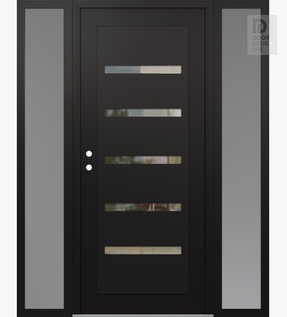 Modern Steel Front Door Diamond C7 64" x 80" black/black clear Glass Panel black RHI with 2 Sidelites frosted Glass
