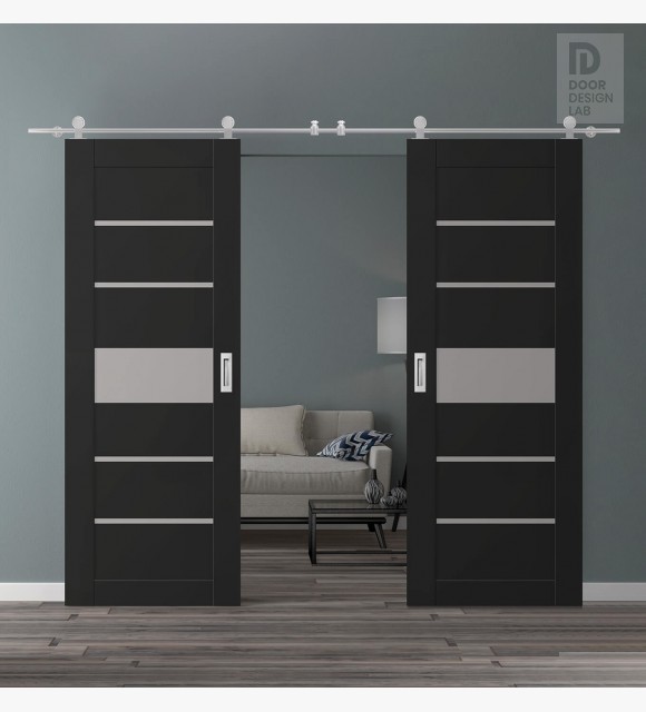 DOUBLE BARN DOOR AVON 07-06 VETRO BLACK MATTE 48" X 96" X 1 3/4" STAINLESS STEEL HARDWARE