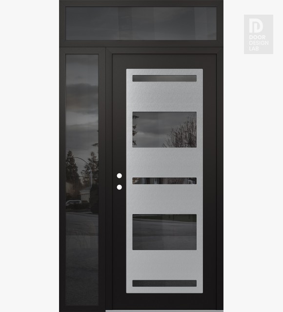 Modern Steel Front Door Diamond C10 52" x 96" black/black mirrored Glass Panel stainless steel RHI with Sidelite and Transom mirrored Glass