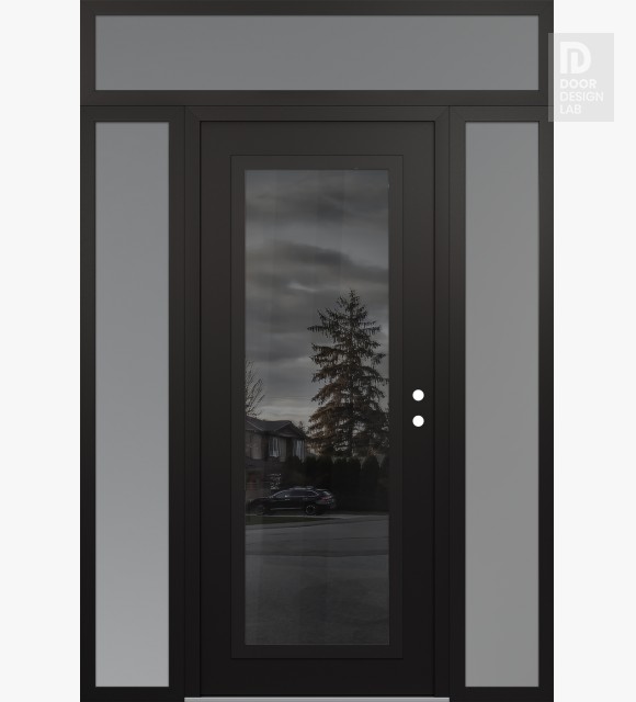 Modern Steel Front Door Diamond C1 68" x 96" black/black mirrored Glass Panel black LHI with 2 Sidelites and Transom frosted Glass