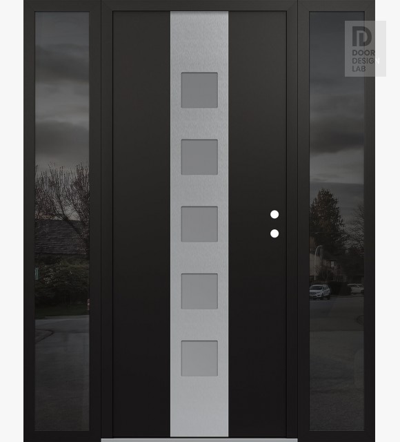 Modern Steel Front Door DIAMOND A13 68" X 80" BLACK/WHITE FROSTED GLASS PANEL STAINLESS STEEL LHI WITH 2 SIDELITES MIRRORED GLASS