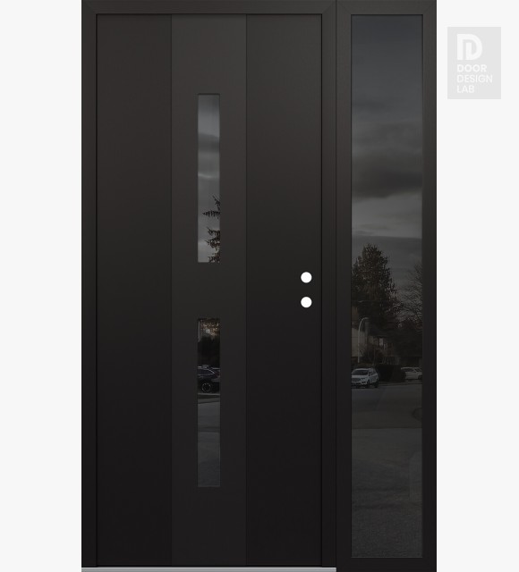 Modern Steel Front Door DIAMOND A6 48" X 80" BLACK/BLACK MIRRORED GLASS PANEL BLACK LHI WITH SIDELITE MIRRORED GLASS