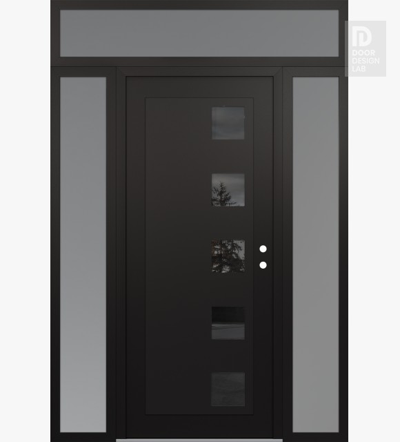 Modern Steel Front Door Diamond C5 60" x 96" black/black mirrored Glass Panel black LHI with 2 Sidelites and Transom frosted Glass