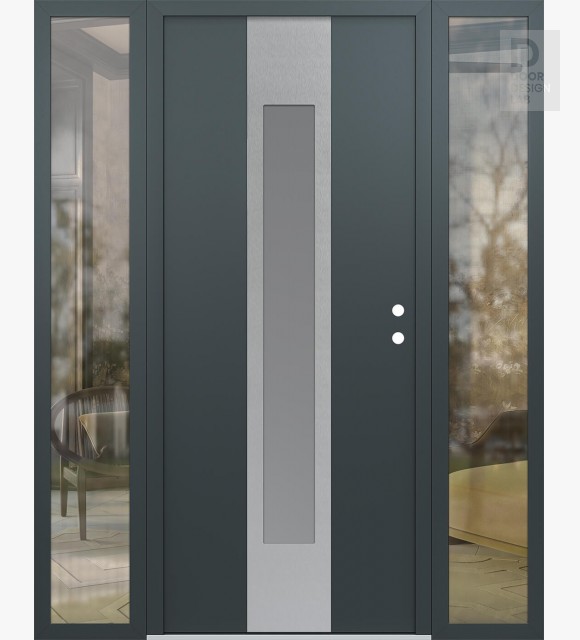 Modern Steel Front Door DIAMOND A1 60" X 80" ANTHRACITE/ANTHRACITE FROSTED GLASS PANEL STAINLESS STEEL LHI WITH 2 SIDELITES CLEAR GLASS