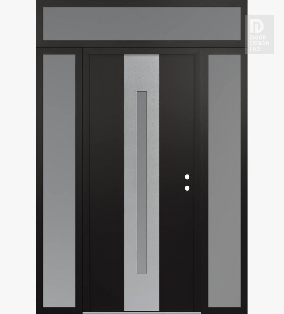 Modern Steel Front Door DIAMOND A2 64" X 96" BLACK/WHITE FROSTED GLASS PANEL STAINLESS STEEL LHI WITH 2 SIDELITES AND TRANSOM FROSTED GLASS