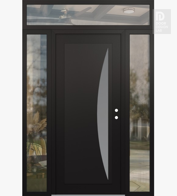 Modern Steel Front Door Diamond C13 68" x 96" black/white frosted Glass Panel black LHI with 2 Sidelites and Transom clear Glass