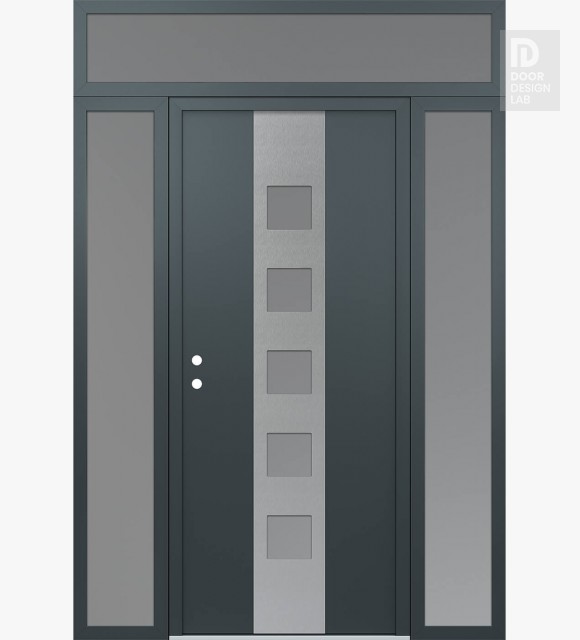 Modern Steel Front Door DIAMOND A13 68" X 96" ANTHRACITE/ANTHRACITE FROSTED GLASS PANEL STAINLESS STEEL RHI WITH 2 SIDELITES AND TRANSOM FROSTED GLASS