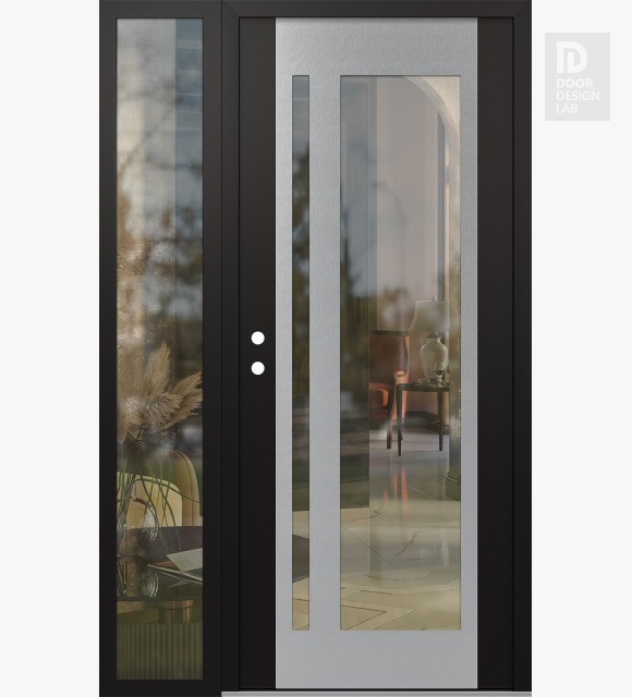 Modern Steel Front Door Diamond C15 48" x 80" black/black clear Glass Panel stainless steel RHI with Sidelite clear Glass