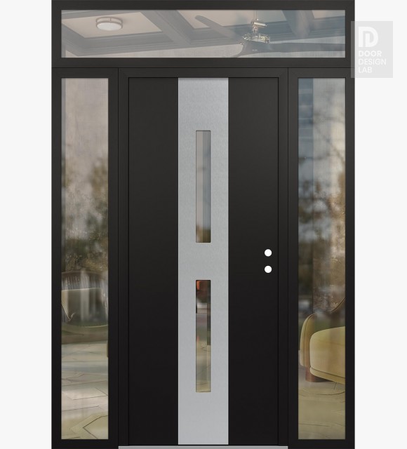 Modern Steel Front Door DIAMOND A6 68" X 96" BLACK/BLACK CLEAR GLASS PANEL STAINLESS STEEL LHI WITH 2 SIDELITES AND TRANSOM CLEAR GLASS
