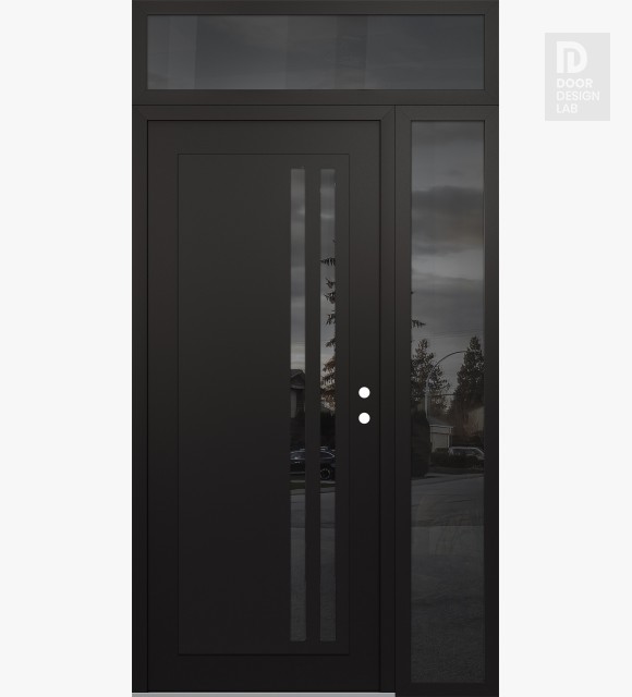 Modern Steel Front Door Diamond C6 50" x 96" black/black mirrored Glass Panel black LHI with Sidelite and Transom mirrored Glass