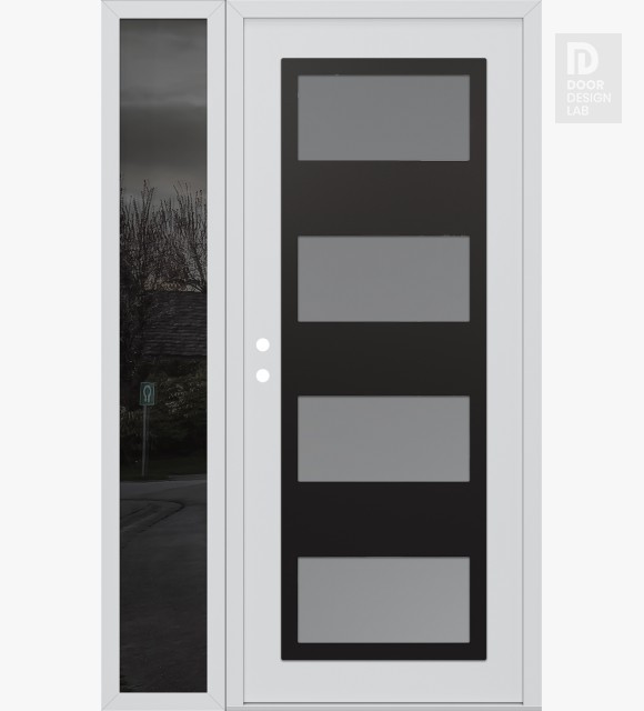 Modern Steel Front Door Diamond C2 52" x 80" white/white frosted Glass Panel black RHI with Sidelite mirrored Glass