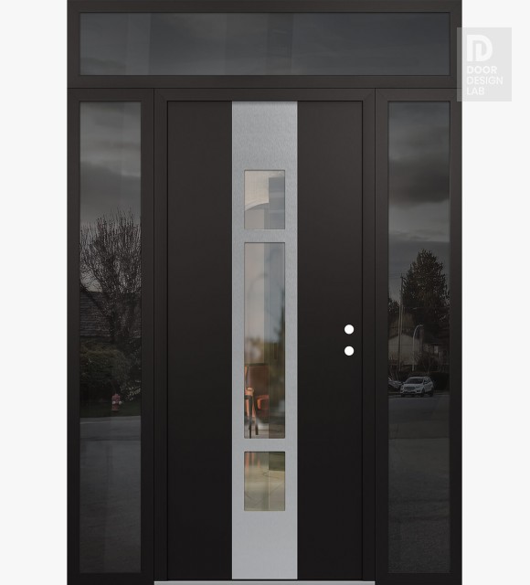 Modern Steel Front Door DIAMOND A9 60" X 96" BLACK/BLACK CLEAR GLASS PANEL STAINLESS STEEL LHI WITH 2 SIDELITES AND TRANSOM MIRRORED GLASS