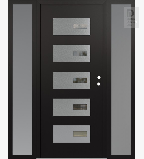 Modern Steel Front Door Diamond D7 60" x 80" black/black clear Glass Panel stainless steel LHI with 2 Sidelites frosted Glass