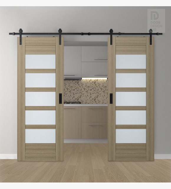 DOUBLE BARN DOOR AVON 07-07 VETRO SHAMBOR 48" X 96" X 1 3/4" BLACK HARDWARE