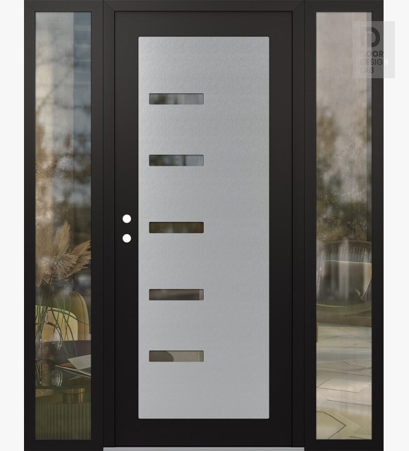 Modern Steel Front Door Diamond C8 64" x 80" black/black clear Glass Panel stainless steel RHI with 2 Sidelites clear Glass