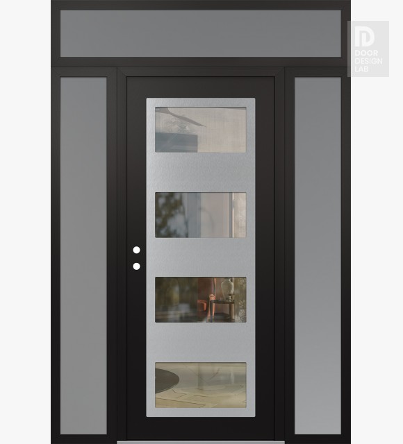 Modern Steel Front Door Diamond C2 68" x 96" black/black clear Glass Panel stainless steel RHI with 2 Sidelites and Transom frosted Glass