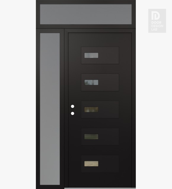 Modern Steel Front Door Diamond D7 48" x 96" black/black clear Glass Panel black RHI with Sidelite and Transom frosted Glass