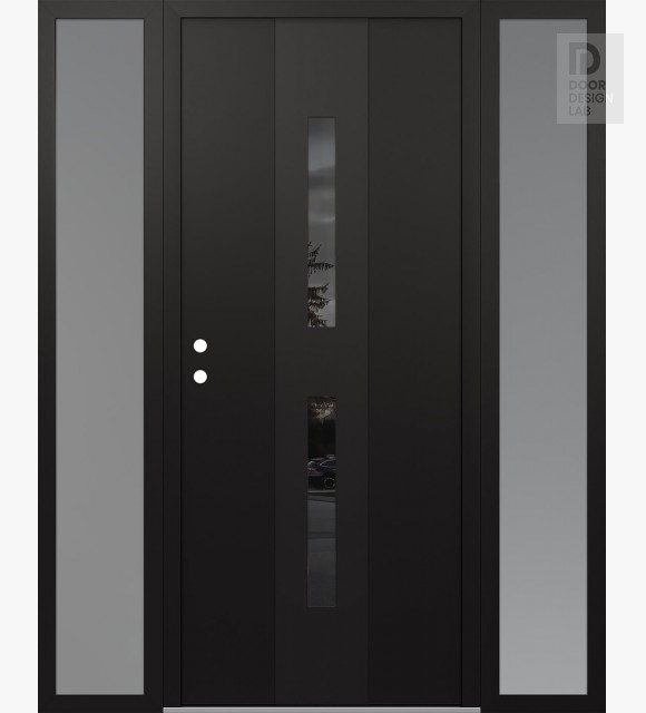 Modern Steel Front Door DIAMOND A6 64" X 80" BLACK/BLACK MIRRORED GLASS PANEL BLACK RHI WITH 2 SIDELITES FROSTED GLASS