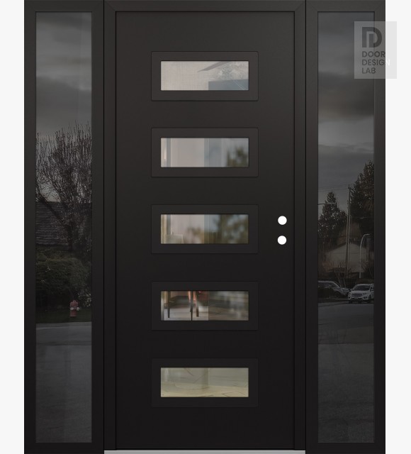 Modern Steel Front Door Diamond D1 60" x 80" black/black clear Glass Panel black LHI with 2 Sidelites mirrored Glass