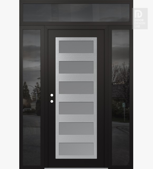 Modern Steel Front Door Diamond C9 64" x 96" black/white frosted Glass Panel stainless steel RHI with 2 Sidelites and Transom mirrored Glass