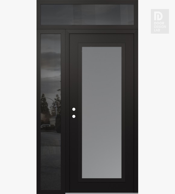 Modern Steel Front Door Diamond C1 52" x 96" black/white frosted Glass Panel black RHI with Sidelite and Transom mirrored Glass