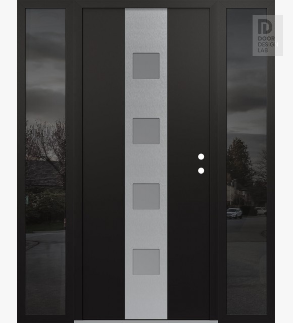 Modern Steel Front Door DIAMOND A12 68" X 80" BLACK/WHITE FROSTED GLASS PANEL STAINLESS STEEL LHI WITH 2 SIDELITES MIRRORED GLASS