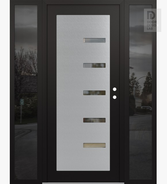 Modern Steel Front Door Diamond C8 60" x 80" black/black clear Glass Panel stainless steel LHI with 2 Sidelites mirrored Glass