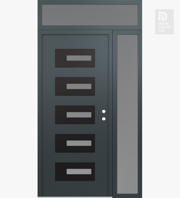 Modern Steel Front Door Diamond D6 52" x 96" anthracite/anthracite frosted Glass Panel black LHI with Sidelite and Transom frosted Glass
