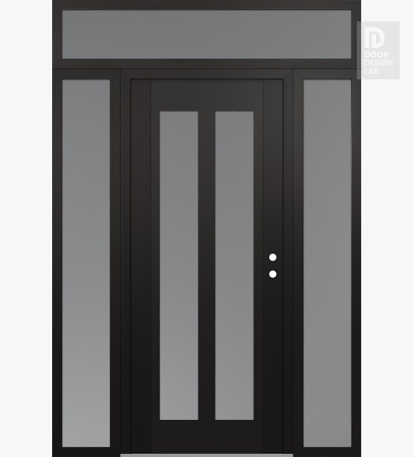 Modern Steel Front Door Diamond C14 60" x 96" black/white frosted Glass Panel black LHI with 2 Sidelites and Transom frosted Glass