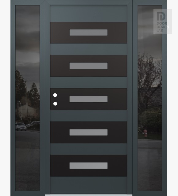 Modern Steel Front Door Diamond D9 60" x 80" anthracite/anthracite frosted Glass Panel black RHI with 2 Sidelites mirrored Glass