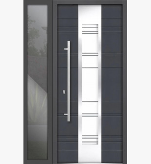 Front Exterior Prehung Steel Door / Deux 0757 Gray Graphite / Side Exterior Window / Stainless Inserts Single Modern Painted-W36+14" x H80"-Right-hand Inswing