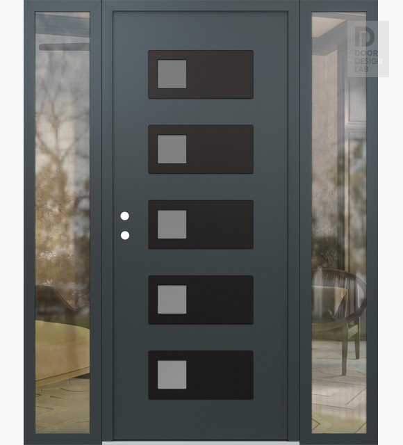 Modern Steel Front Door Diamond D2 68" x 80" anthracite/anthracite frosted Glass Panel black RHI with 2 Sidelites clear Glass